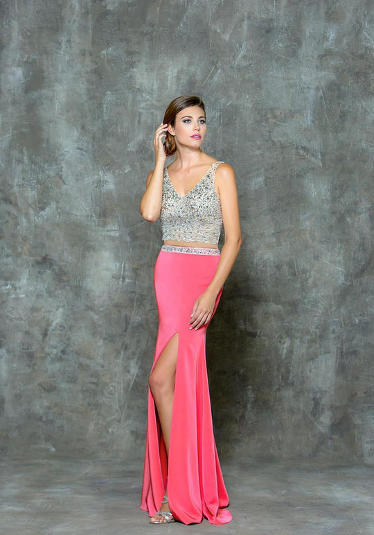 Glow by Colors - G678 Embellished V-Neck Sheath Dress in Pink