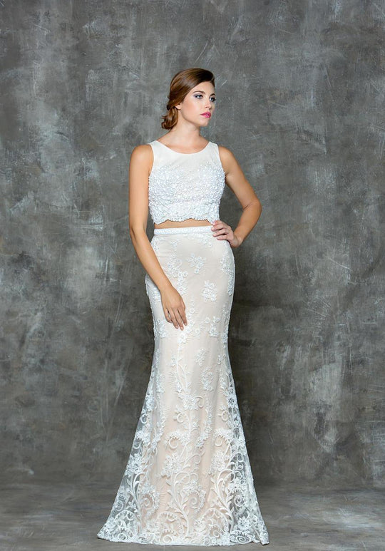 Glow by Colors - G680 Lace Jewel Neck Sheath Dress in White and Neutral