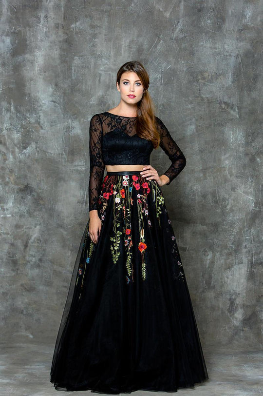 Glow by Colors - G681 Long Sleeved Two-Piece Evening Dress in Black