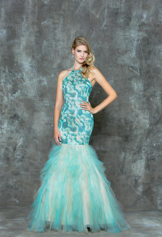 Glow by Colors - G684 Sequined Halter Mermaid Dress in Green