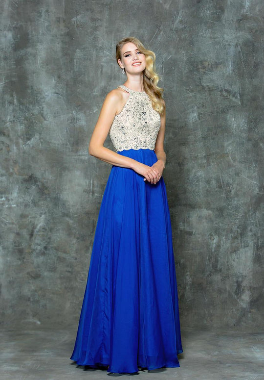 Glow by Colors - G685 Bejeweled Halter Neck A-line Dress in Blue