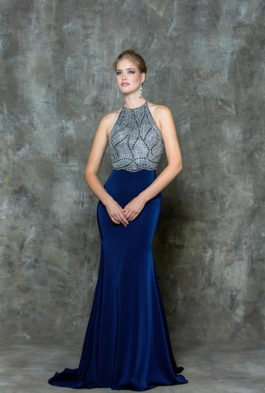 Glow by Colors - G686 Bejeweled Halter Neck Trumpet Dress in Blue