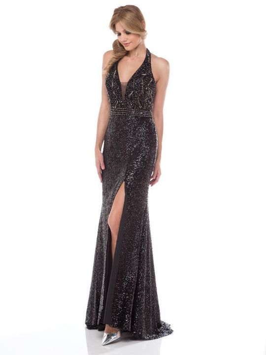 Glow by Colors - G694 Bejeweled Halter Neck Sheath Dress in Black