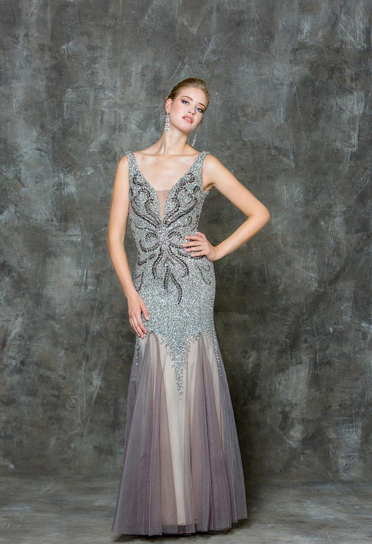 Glow by Colors - G697 Beaded Mesh Mermaid Evening Gown in Silver and Neutral