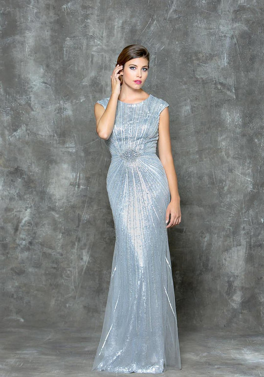 Glow by Colors G699 Bedazzled Jewel Fitted Sheath Gown - 1 pc Gray in size 10 Available