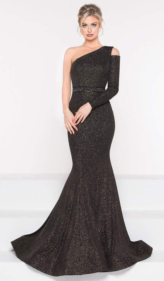 Colors Dress - 1990 Glitter Jersey One Shoulder Trumpet Dress in Black and Gold