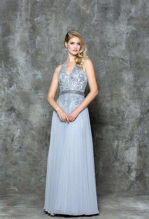 Glow by Colors - G700 Embellished Halter Neck A-line Dress in Silver