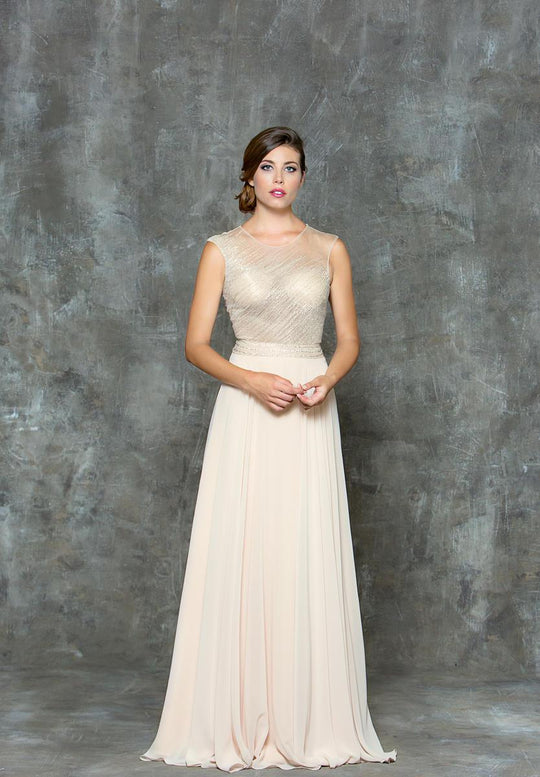 Glow by Colors - G701 Embellished Illusion Jewel A-line Dress in Neutral