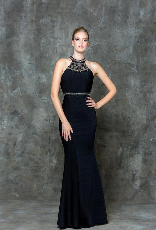Glow by Colors - G704 Halter Ponte Trumpet Dress in Black