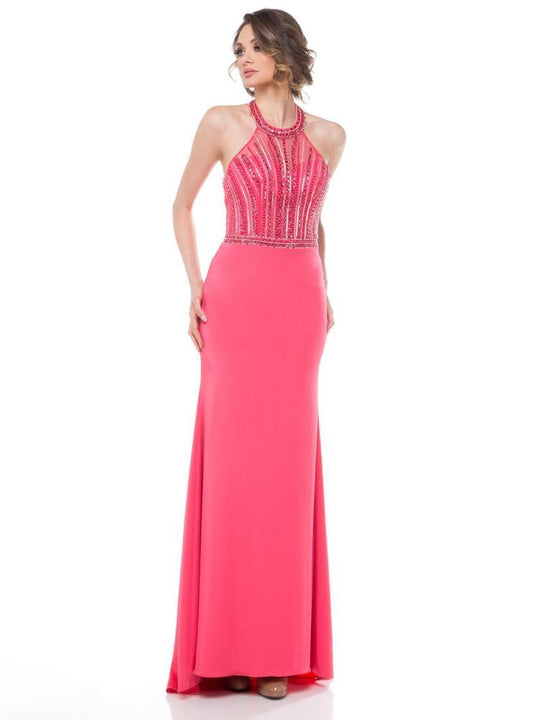 Glow by Colors - G705 Embellished Illusion Halter Trumpet Dress in Pink