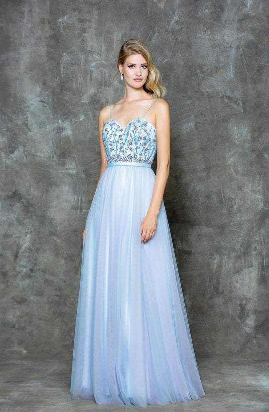Glow by Colors - G706 Sweetheart Neckline Mesh Evening Gown in Blue