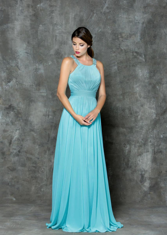 Glow by Colors - G713 Beaded Halter Neck A-Line Dress in Blue