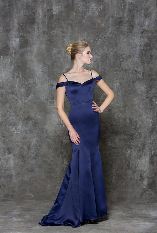 Glow by Colors - G715 Off Shoulder Cotele Gown in Blue