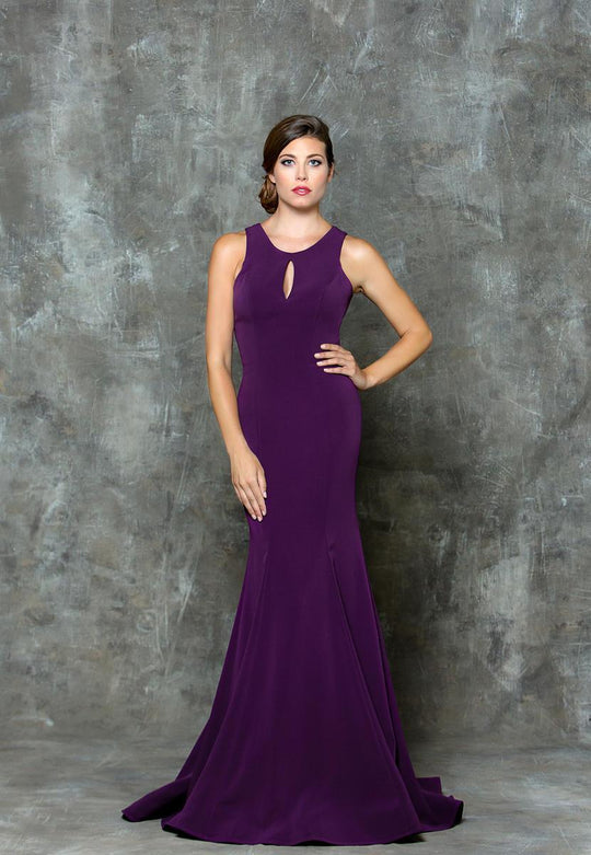 Glow by Colors - G718 Crepe Jewel Neck Trumpet Dress in Purple