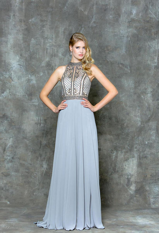 Glow by Colors - G723 Illusion Halter Chiffon A-line Dress in Silver and Neutral