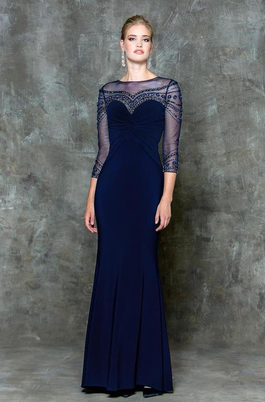 Glow by Colors - Intricate Ruched Illusion Evening Dress G725 in Blue