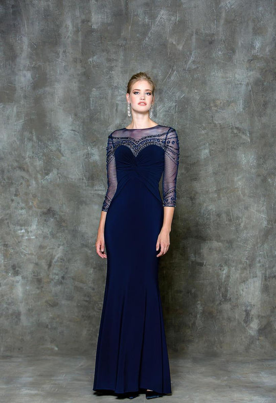 Glow by Colors - G725 Intricate Ruched Illusion Evening Dress in Blue
