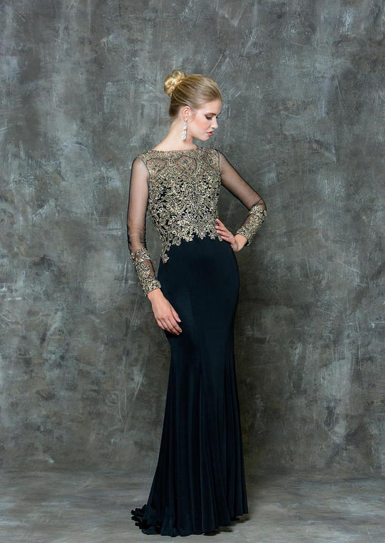 Glow by Colors - G726 Sheer Long Sleeve Embroidered Gown in Gold and Black