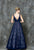 Glow by Colors - G729 Classy V-Neck Sheer Lace Evening Dress in Blue