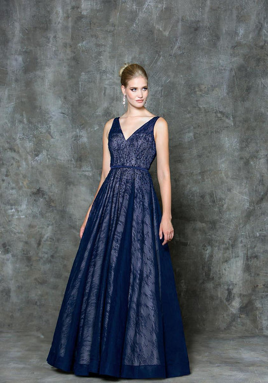 Glow by Colors - G729 Classy V-Neck Sheer Lace Evening Dress in Blue