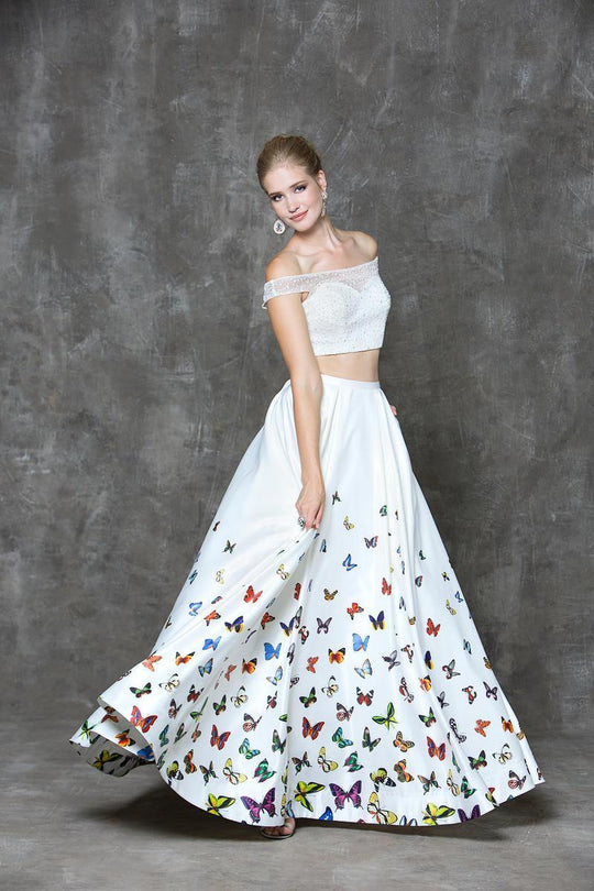 Glow by Colors - G731 Two-Piece Butterfly Print Evening Dress in White