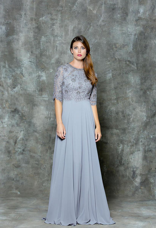 Glow by Colors - G734 Elbow Sleeve Chiffon Evening Gown in Gray