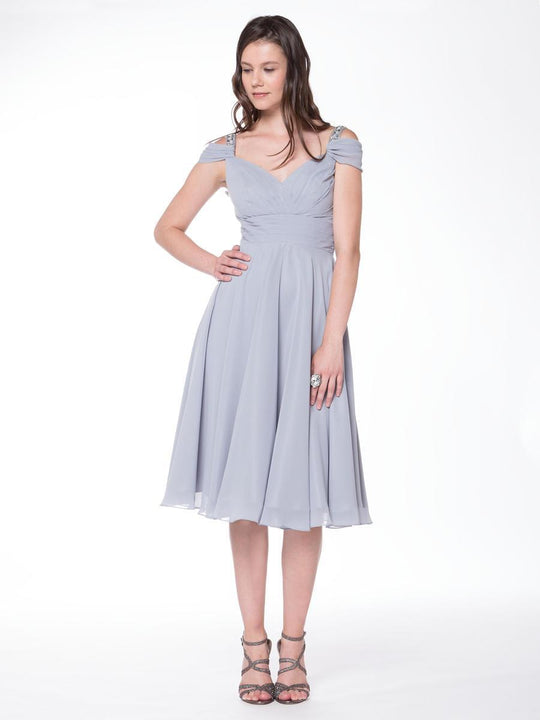 Glow by Colors - G736 Ruched Chiffon A-line Dress in Gray
