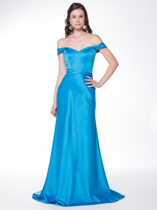 Glow by Colors - G739L Off-Shoulder Satin A-line Dress in Blue
