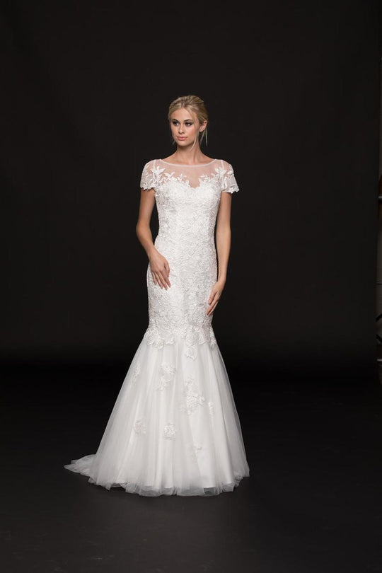 Glow by Colors - G742-1 Floral Appliqued Mermaid Gown In White