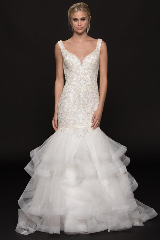 Glow by Colors - G751 Beaded V-neck Ruffled Mermaid Dress In White