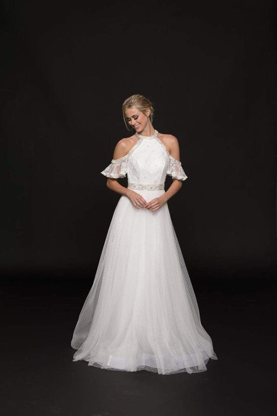 Glow by Colors - G754 High Halter Cutaway Lace A-Line Gown In White