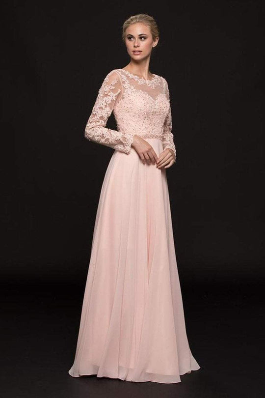 Glow by Colors - G755 Long Sleeve Lace A-line Dress in Pink