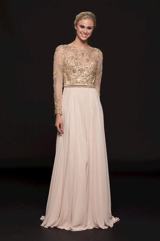 Glow by Colors - G762 Bateau Neck Embellished A-line Gown in Neutral