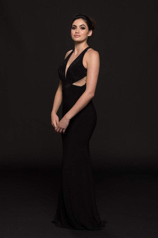 Glow by Colors - G765 Plunging Halter Jersey Sheath Dress In Black