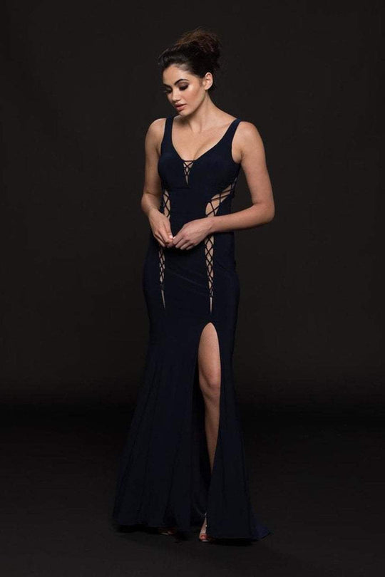Glow by Colors - G769 Sleeveless and Cutouts Sheath Gown in Blue