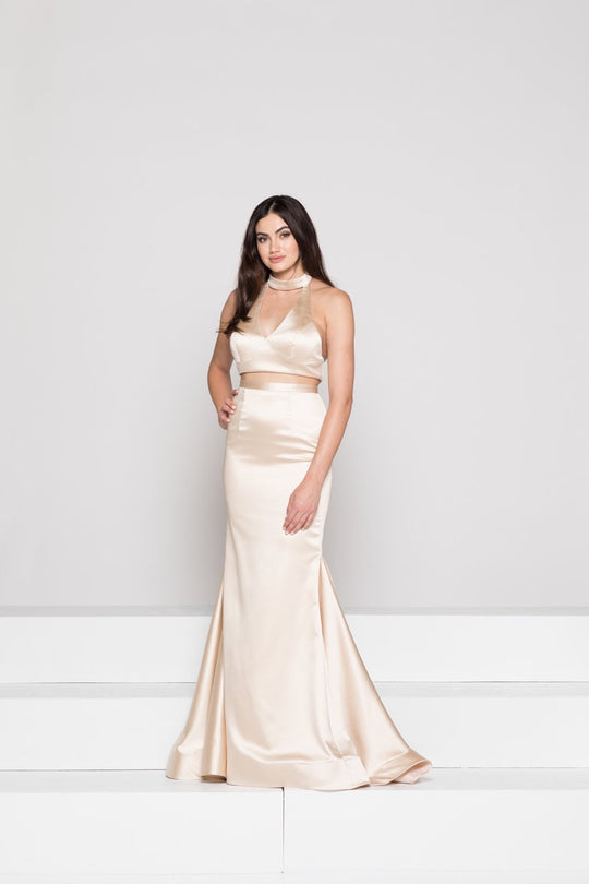 Glow by Colors - G770 Two Piece High Halter Mermaid Gown In Neutral