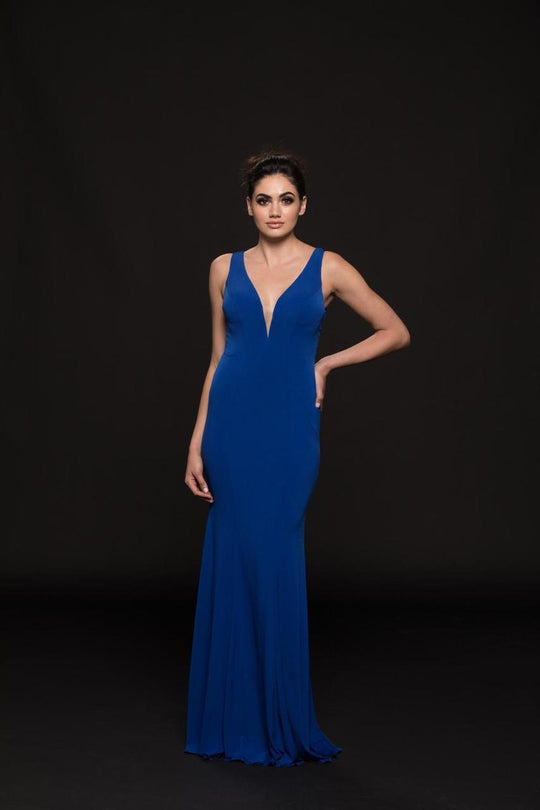 Glow by Colors - G771 Plunging V-Neck Sheath Evening Dress In Blue