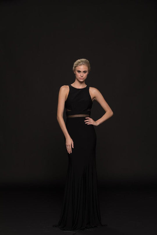 Glow by Colors - G772 Fitted Jewel Sheer Evening Dress In Black