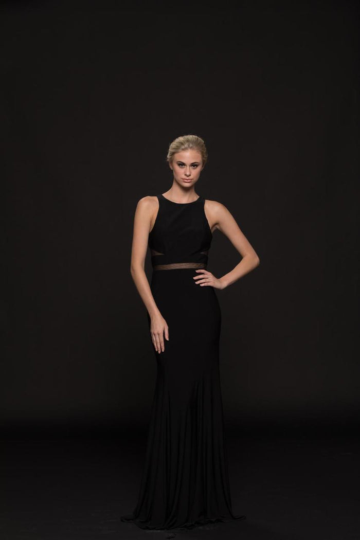 Glow by Colors - G772 Fitted Jewel Sheer Evening Dress In Black