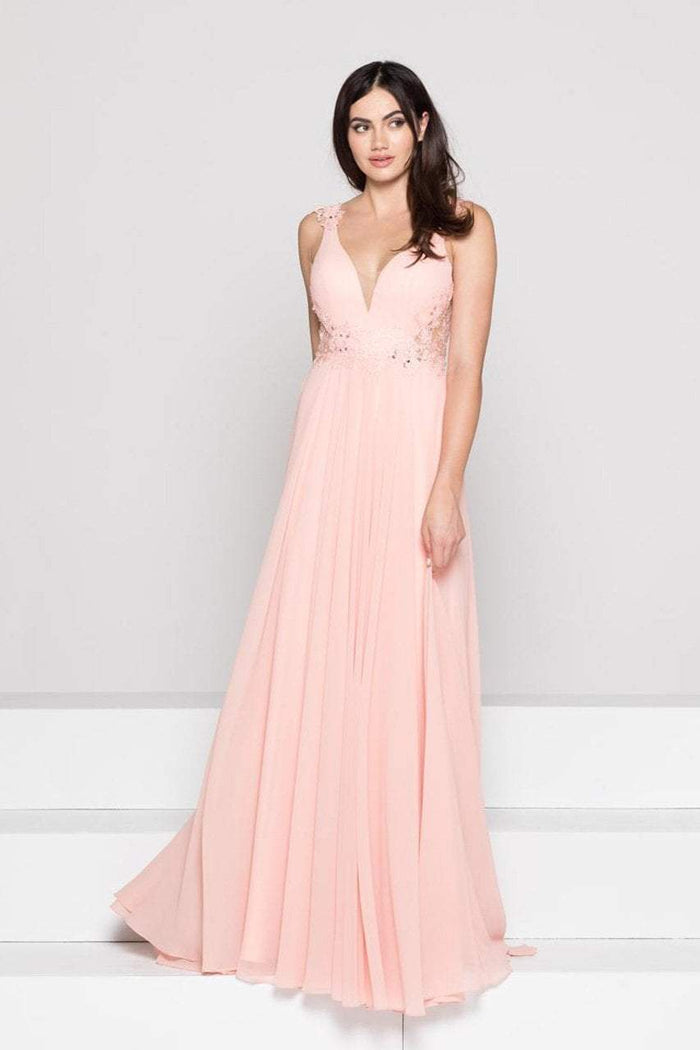 Glow by Colors - G781 Floral Appliqued Pleated Evening Dress In Pink