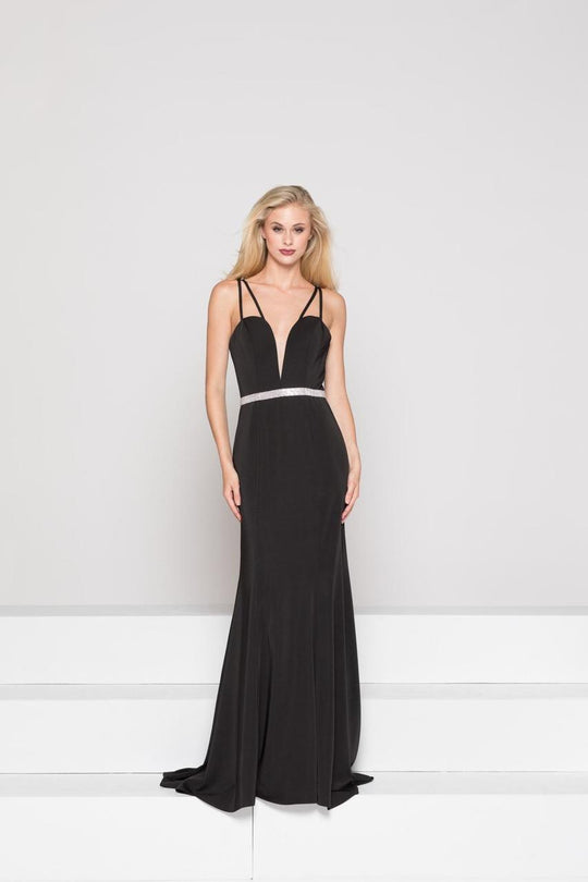 Glow by Colors - G782 Plunging Sweetheart Jeweled Waist Sheath Gown In Black