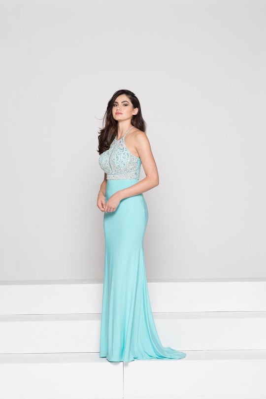 Glow by Colors - G785 Bead Embellished Halter Evening Dress In Blue