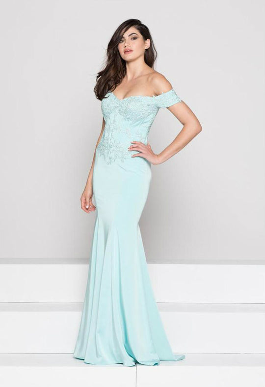 Glow by Colors Off Shoulder Lace Corset Long Gown - 1 pc Aqua In Size 8 Available In Blue
