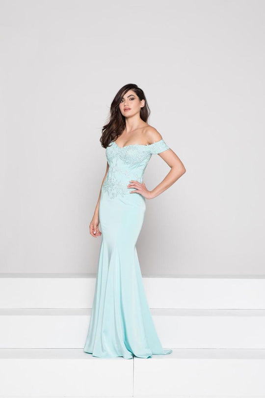 Glow by Colors - G786 Jeweled Lace Corset Bodice Off Shoulder Gown In Blue and Green