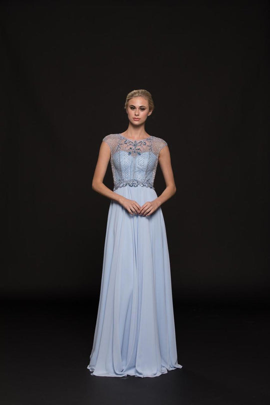Glow by Colors - G790 Lattice Ornate Illusion Jewel Chiffon Gown In Blue