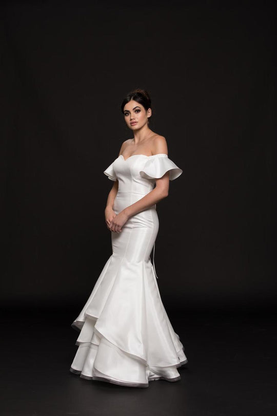 Glow by Colors - G793 Butterfly Sleeve Off Shoulder Mikado Gown In White