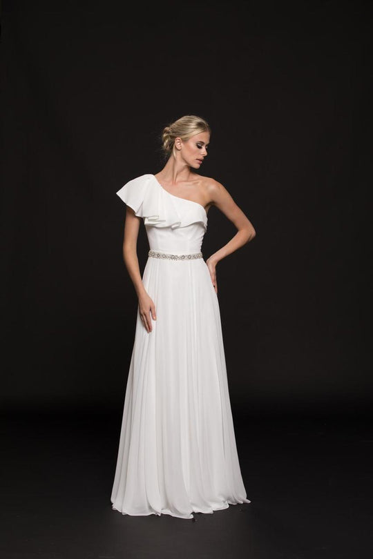 Glow by Colors - G794 Ruffled Asymmetrical Chiffon A-Line Gown In White