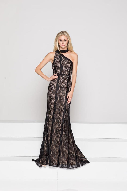 Glow by Colors - G795 Fitted High Neck Lace Evening Dress In Black and Neutral