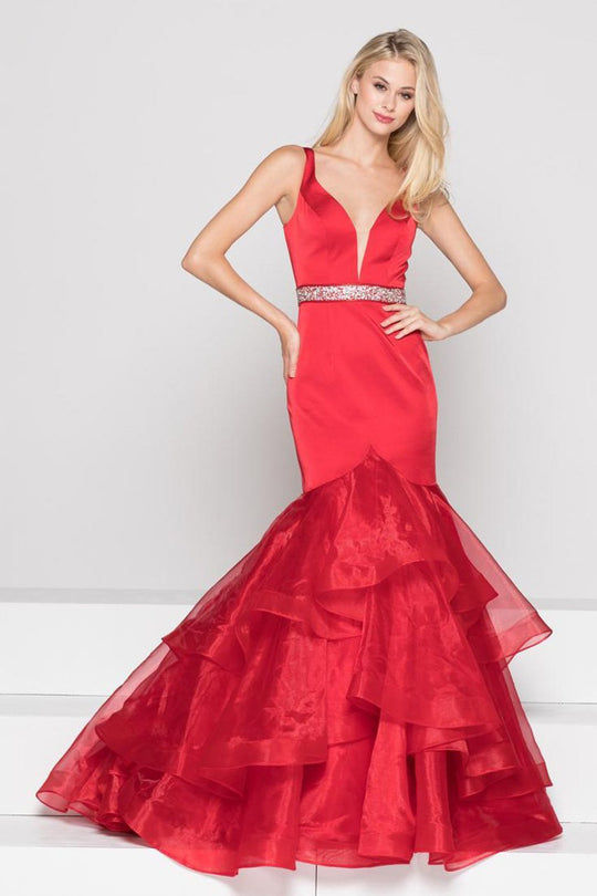 Glow by Colors - G797 Sleeveless Beaded Waist Mermaid Gown In Red