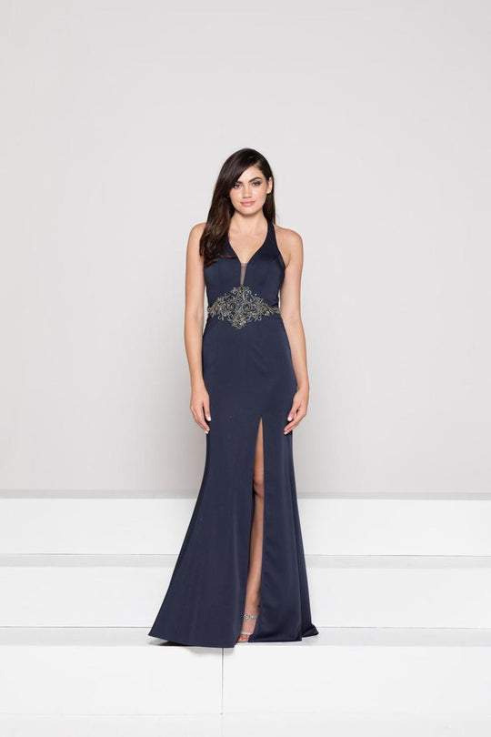 Glow by Colors - G798 Fitted Halter Strapped Evening Dress In Blue